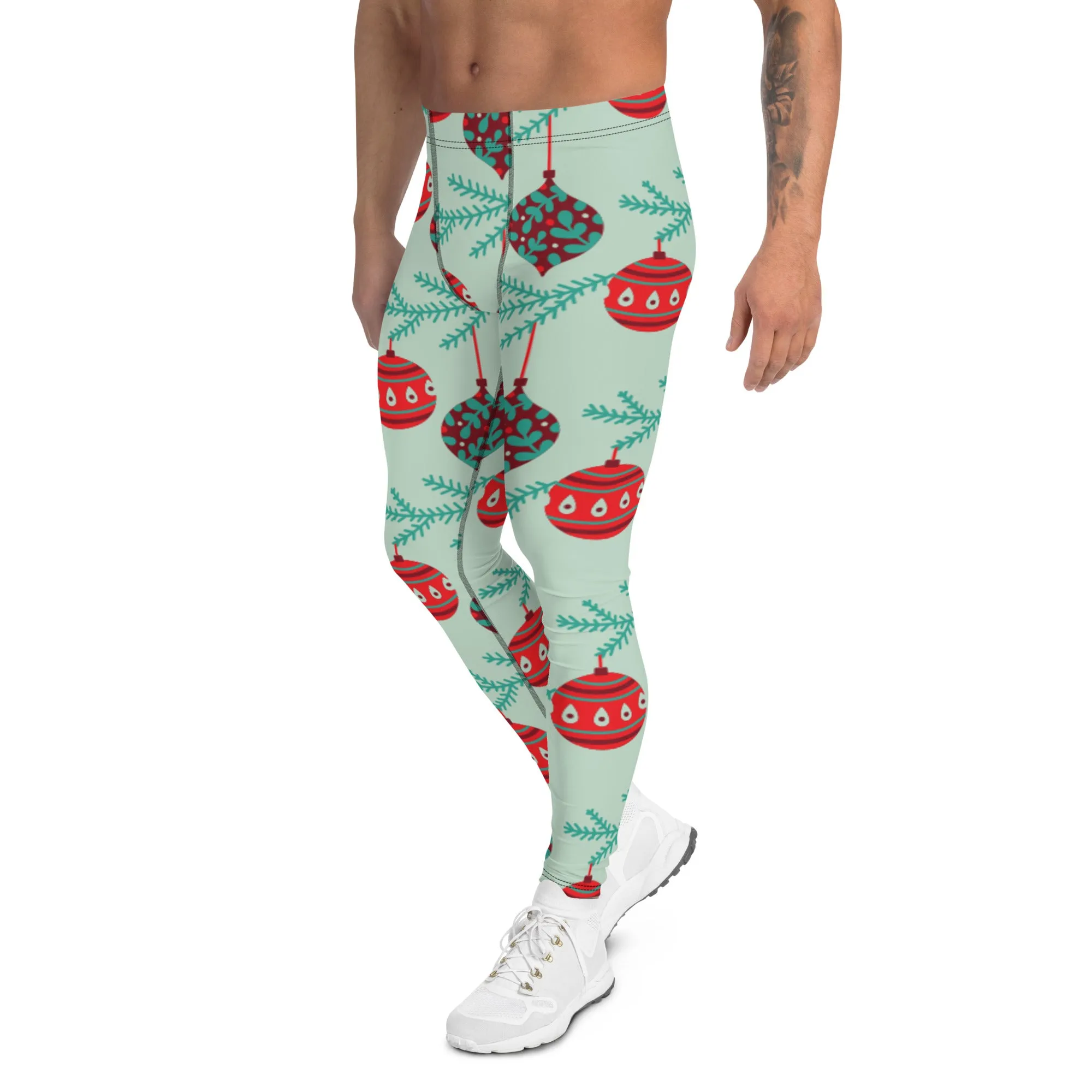 Christmas Ornaments Festive Men's Leggings, Light Green X'mas Tree Ornaments Festive Best Holiday Tights For Men - Made in USA/EU/MX