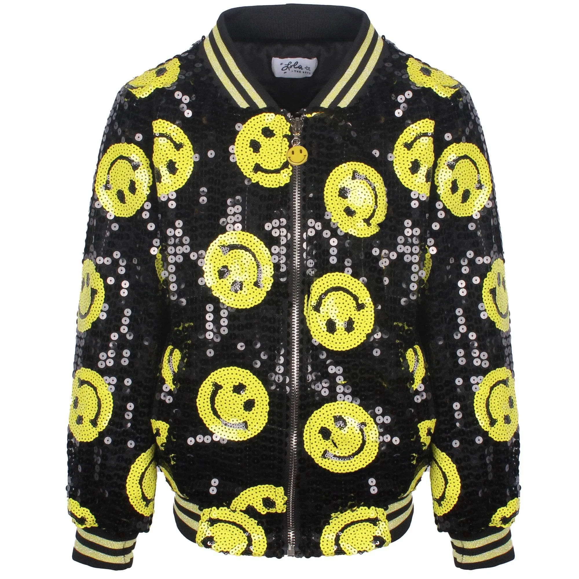 Don't Worry Be Happy Black Sequin Bomber