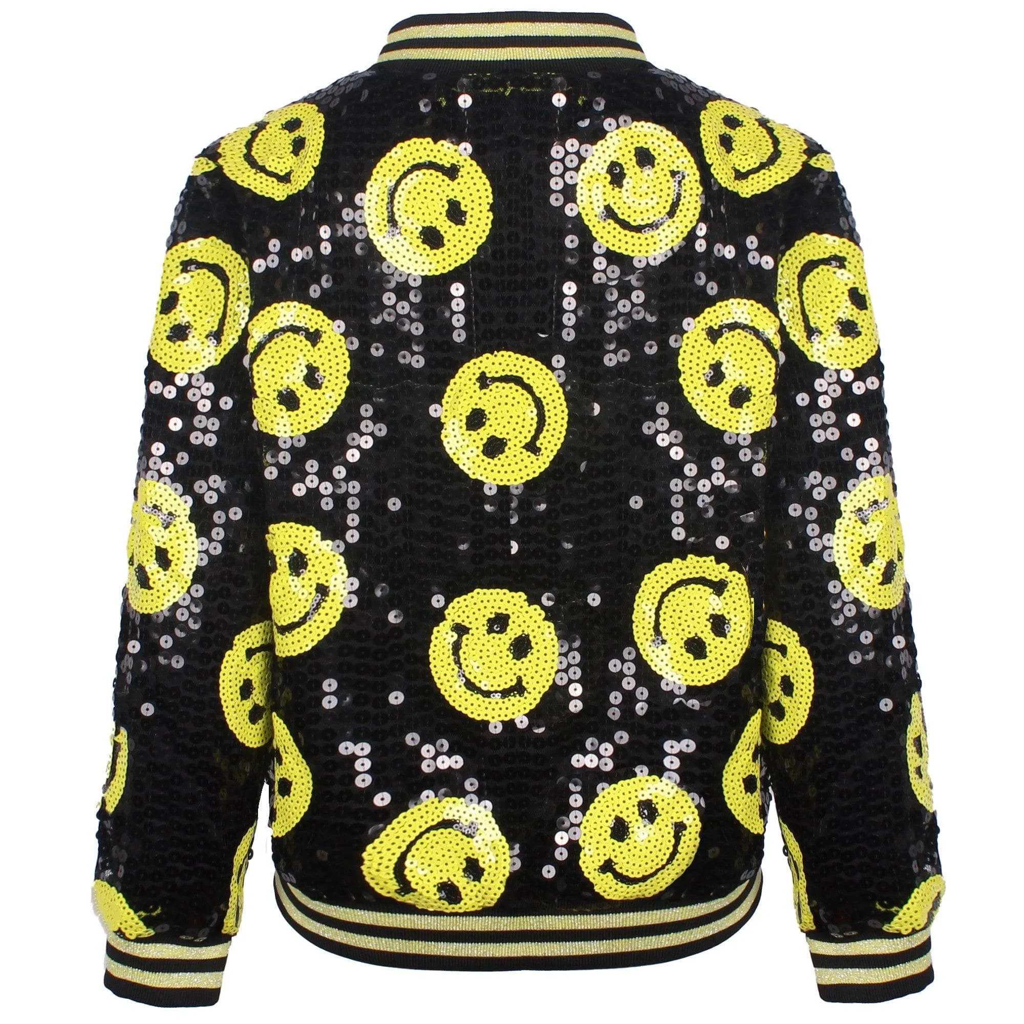 Don't Worry Be Happy Black Sequin Bomber