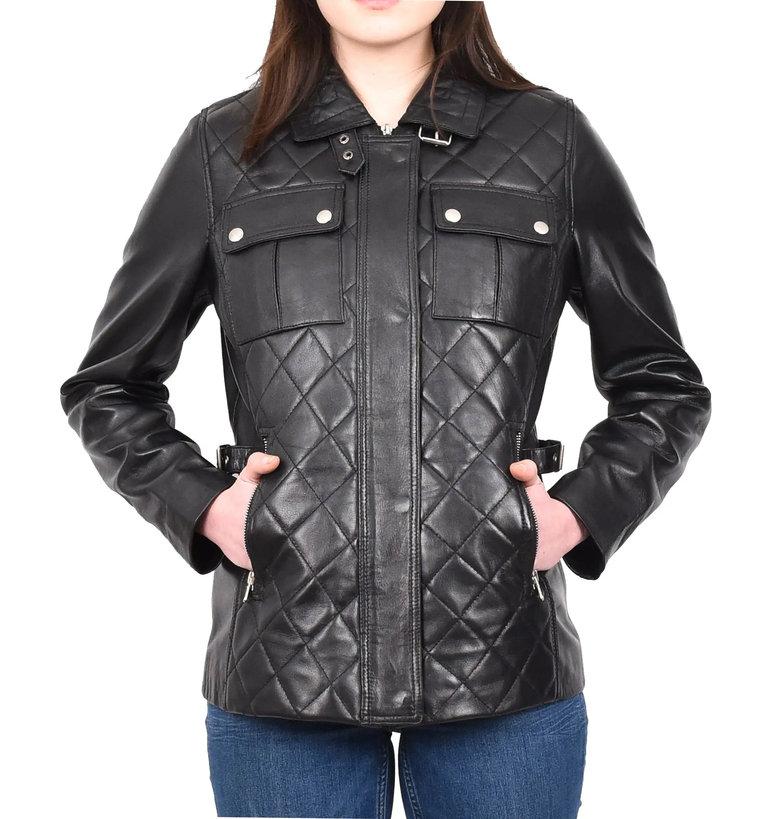 DR565 Women's Quilted Modern Leather Jacket Black