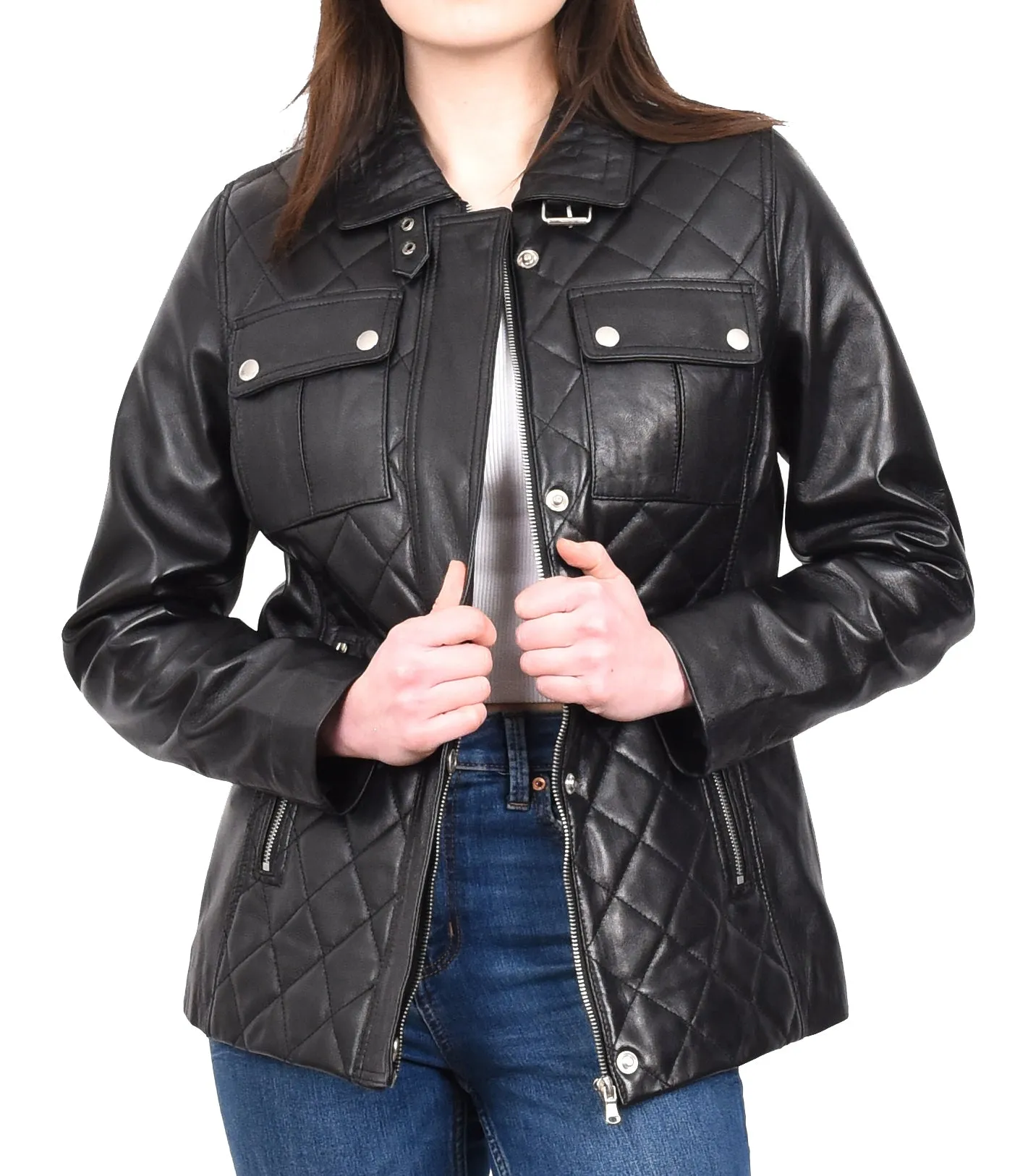 DR565 Women's Quilted Modern Leather Jacket Black