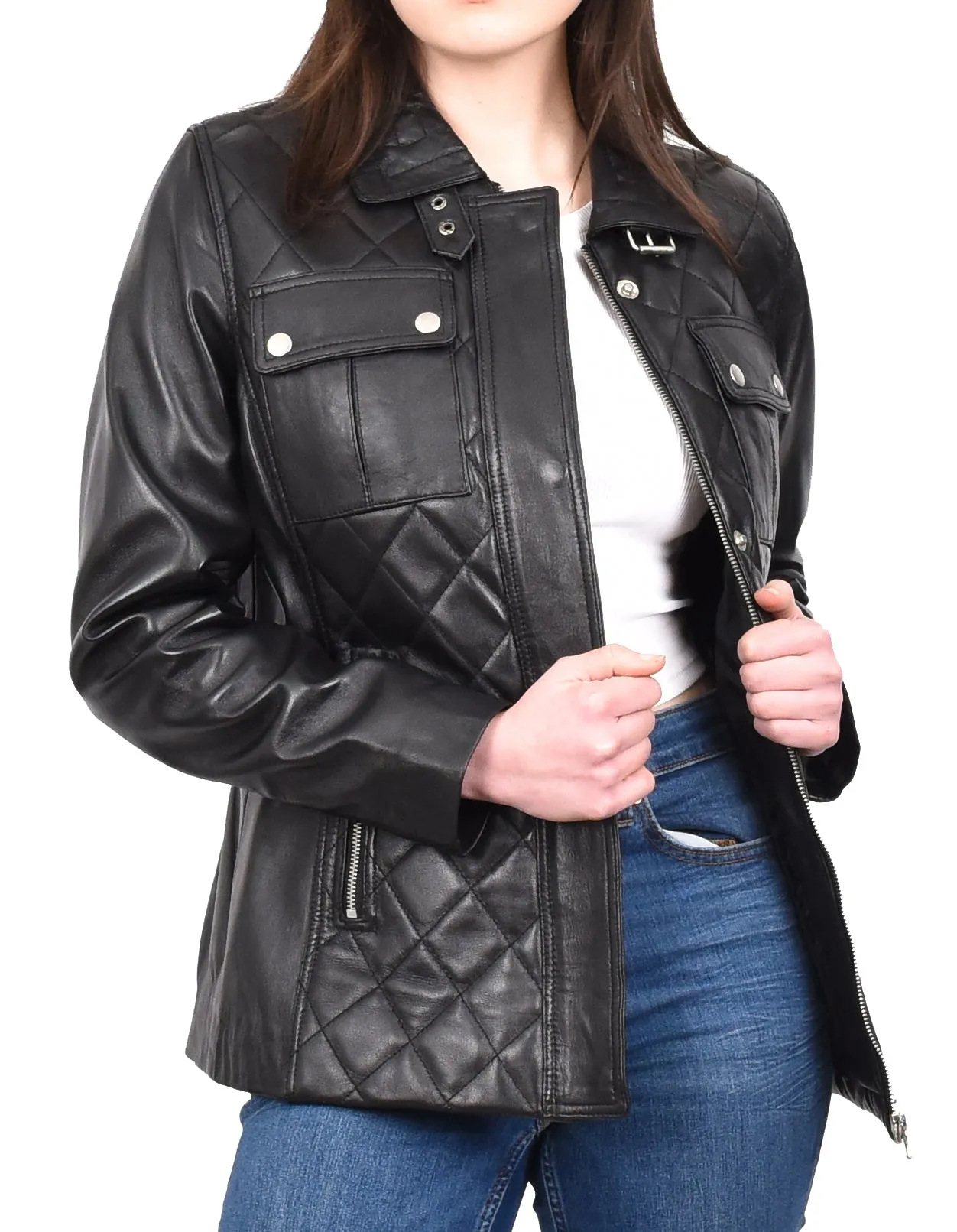 DR565 Women's Quilted Modern Leather Jacket Black