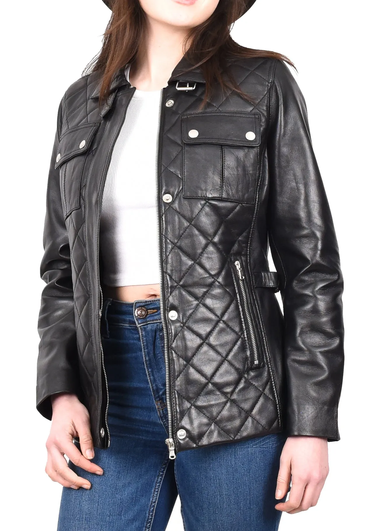 DR565 Women's Quilted Modern Leather Jacket Black