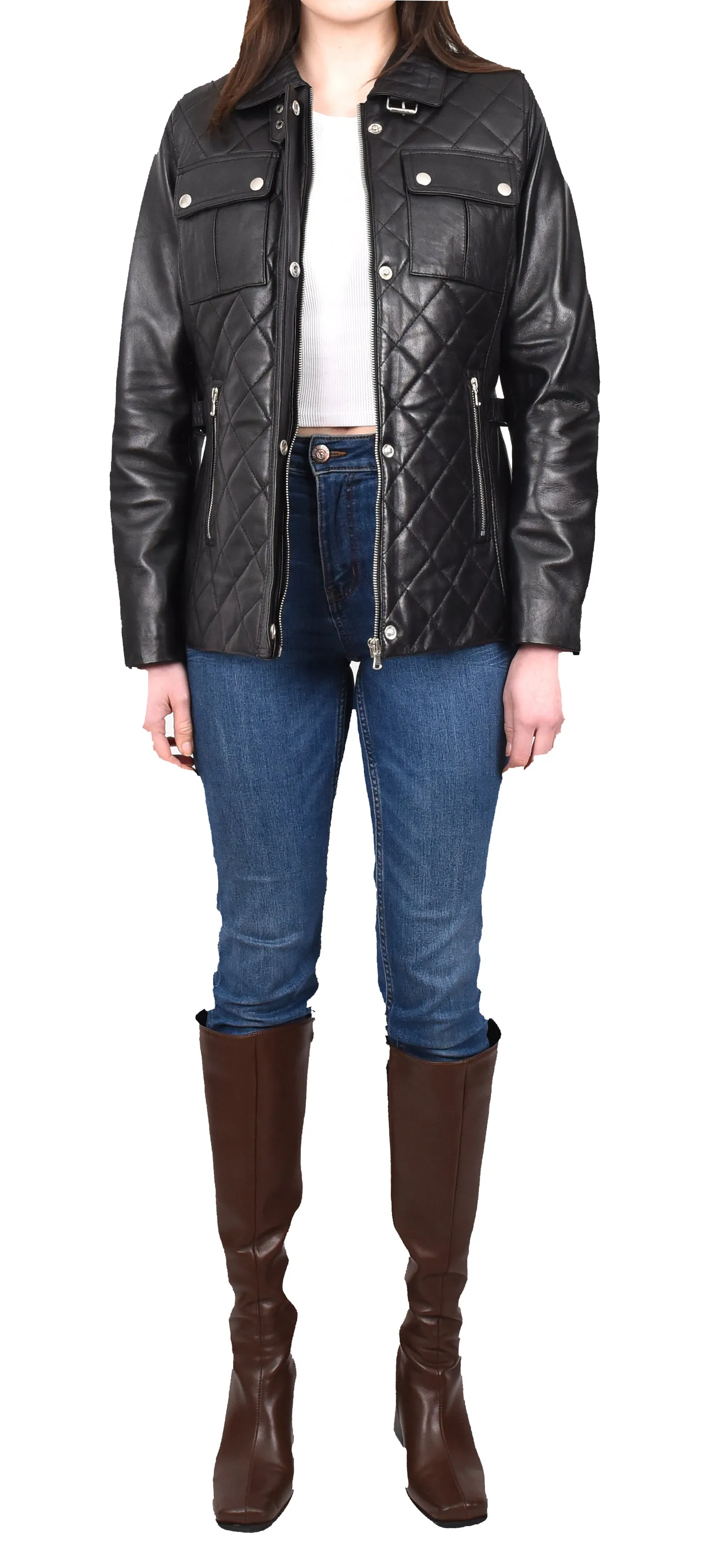 DR565 Women's Quilted Modern Leather Jacket Black