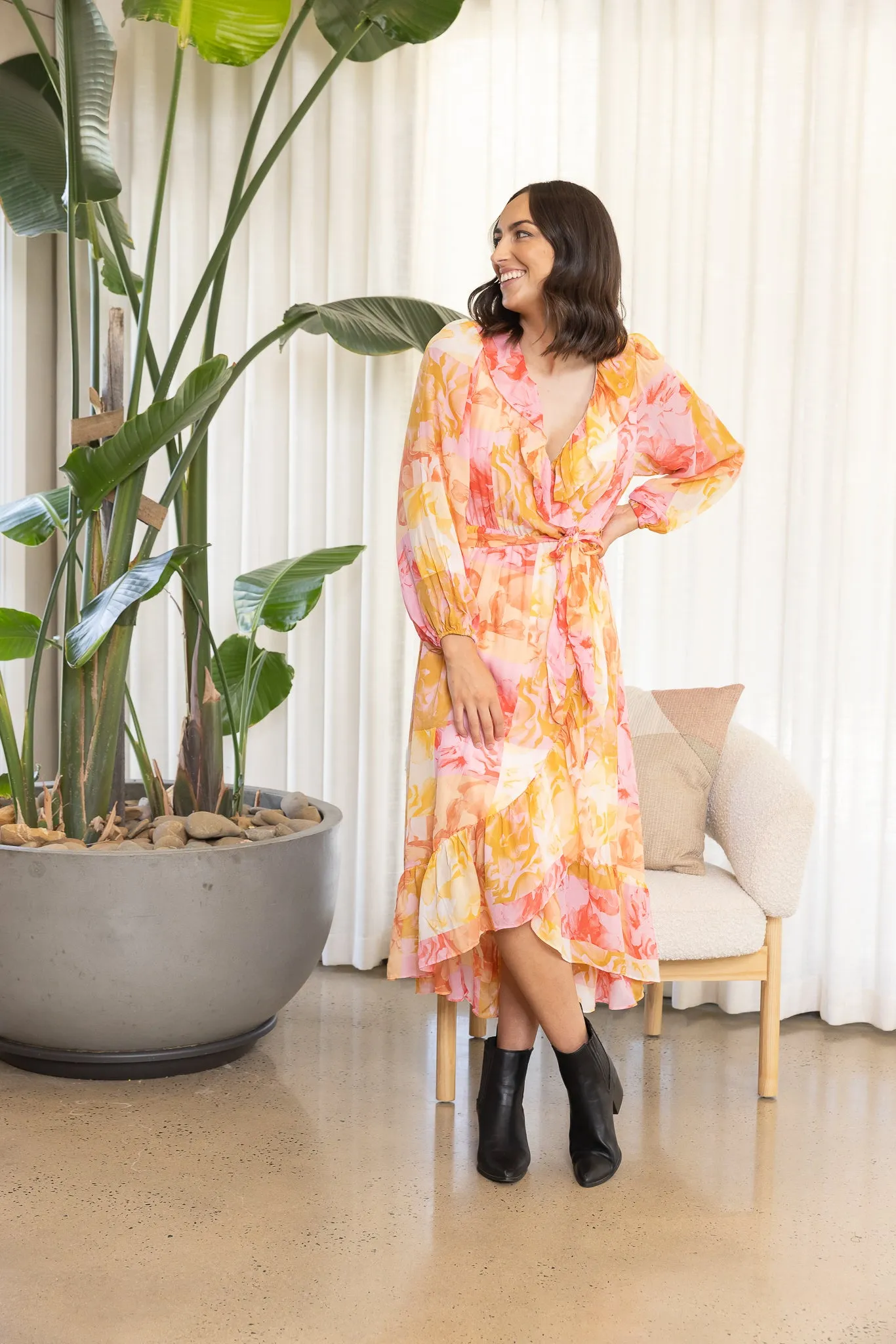 EARTHLY PARADISE LONG SLEEVE WRAP MIDI DRESS - Paradise Floral