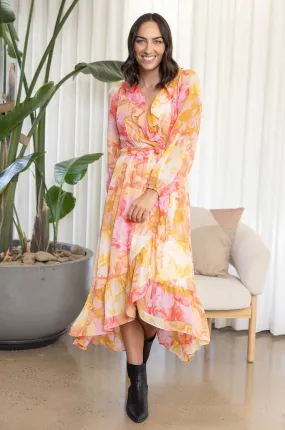 EARTHLY PARADISE LONG SLEEVE WRAP MIDI DRESS - Paradise Floral