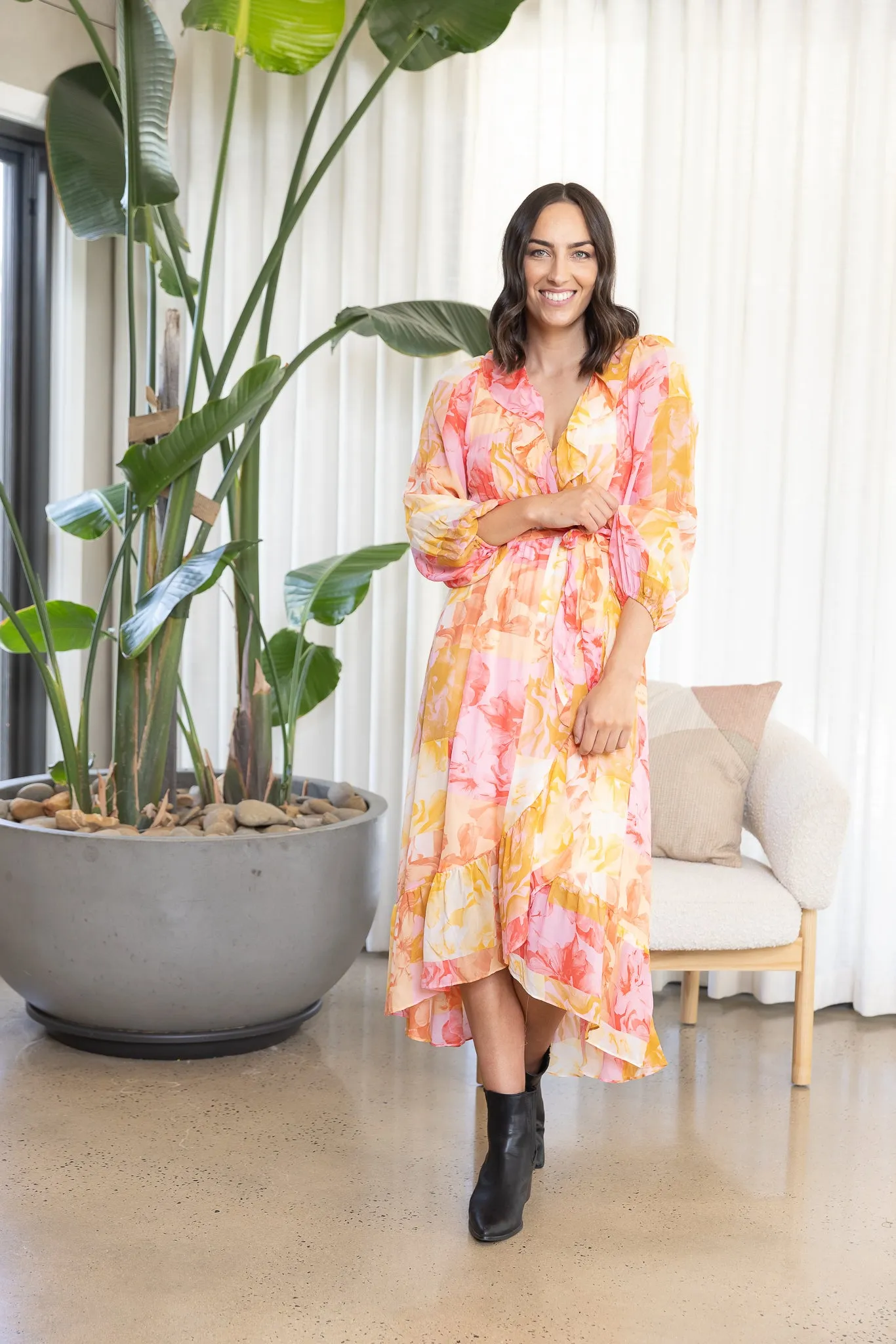 EARTHLY PARADISE LONG SLEEVE WRAP MIDI DRESS - Paradise Floral