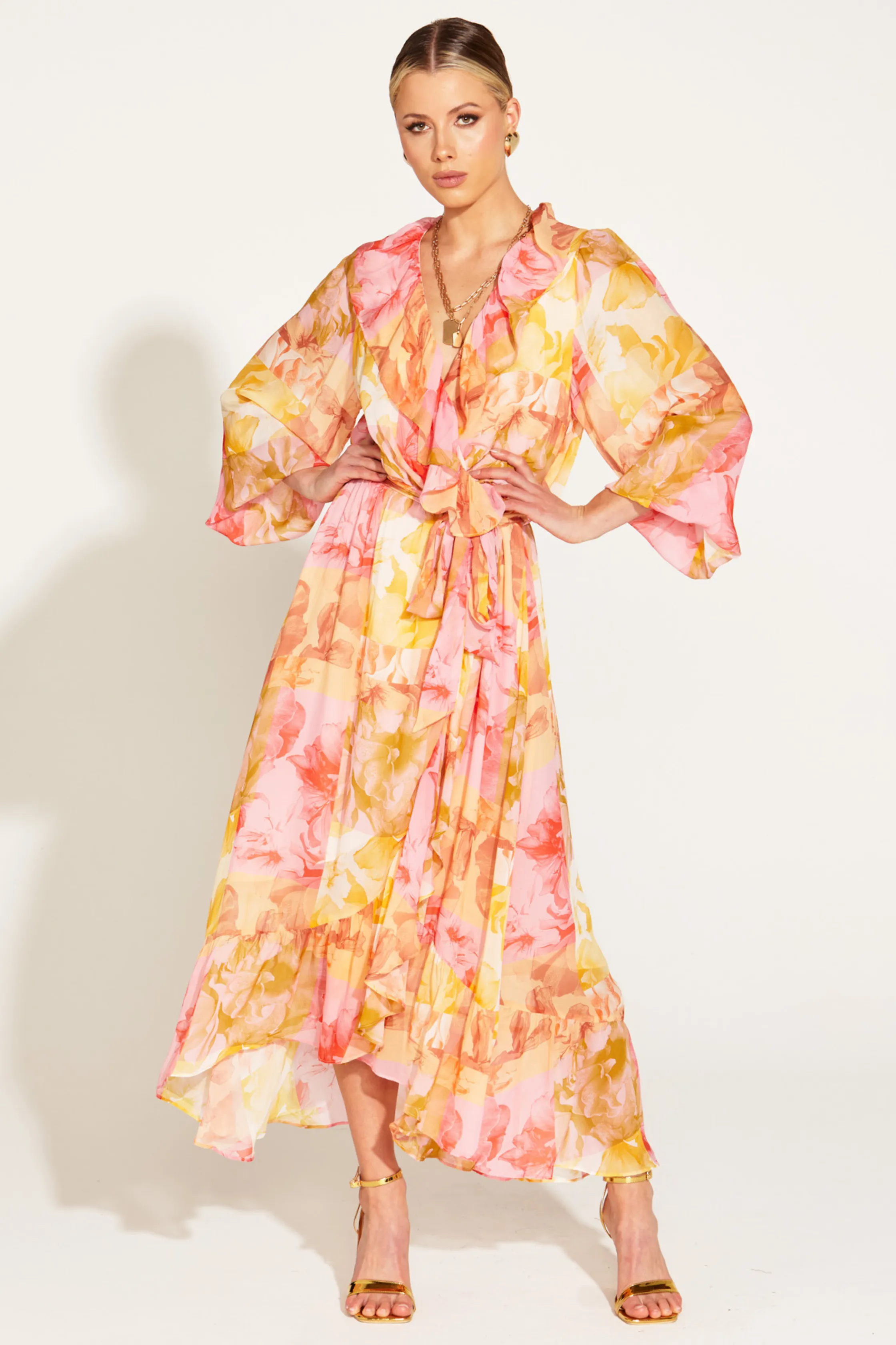 EARTHLY PARADISE LONG SLEEVE WRAP MIDI DRESS - Paradise Floral