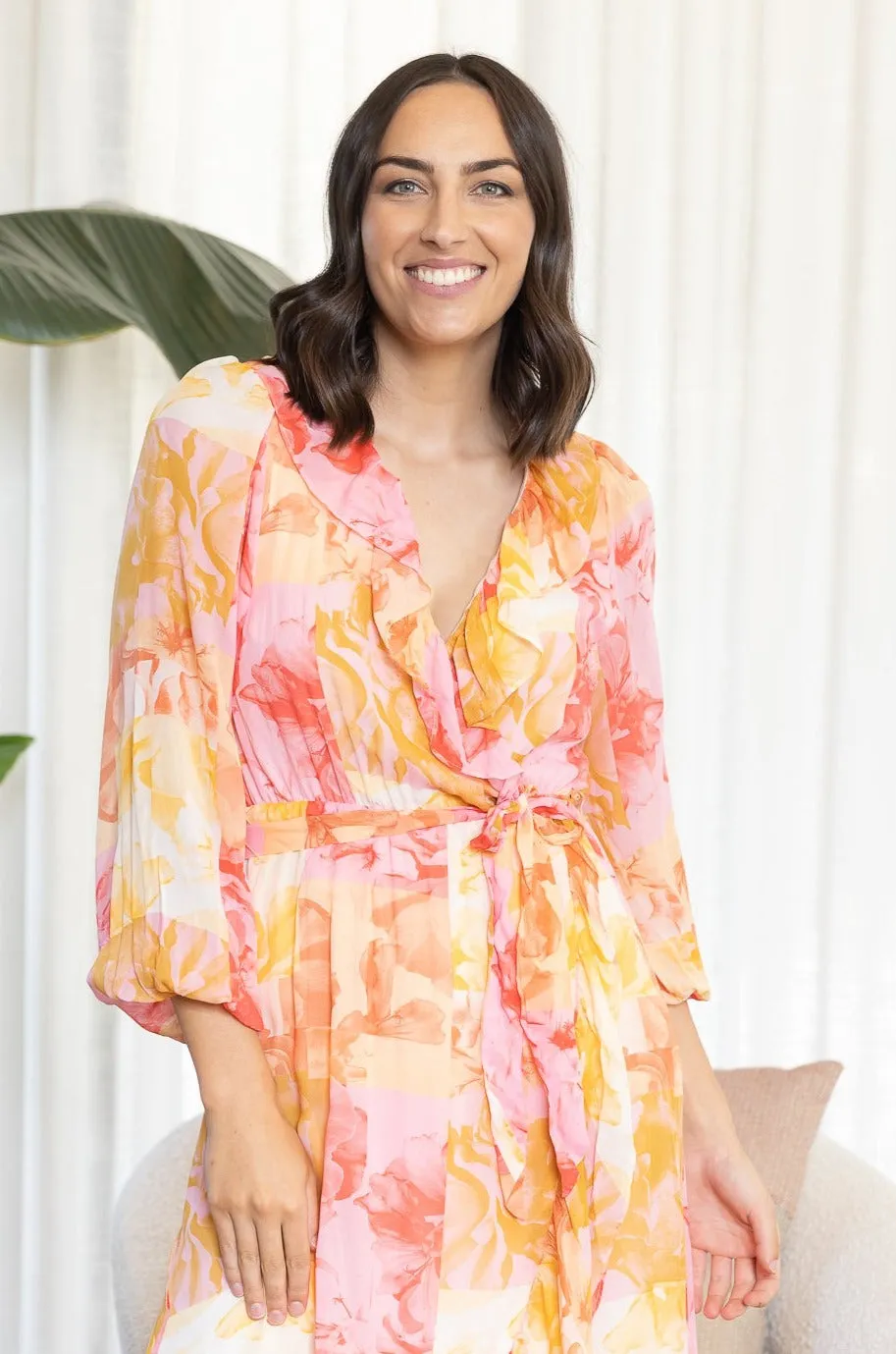 EARTHLY PARADISE LONG SLEEVE WRAP MIDI DRESS - Paradise Floral