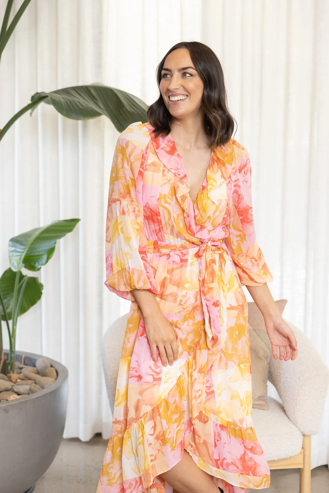 EARTHLY PARADISE LONG SLEEVE WRAP MIDI DRESS - Paradise Floral