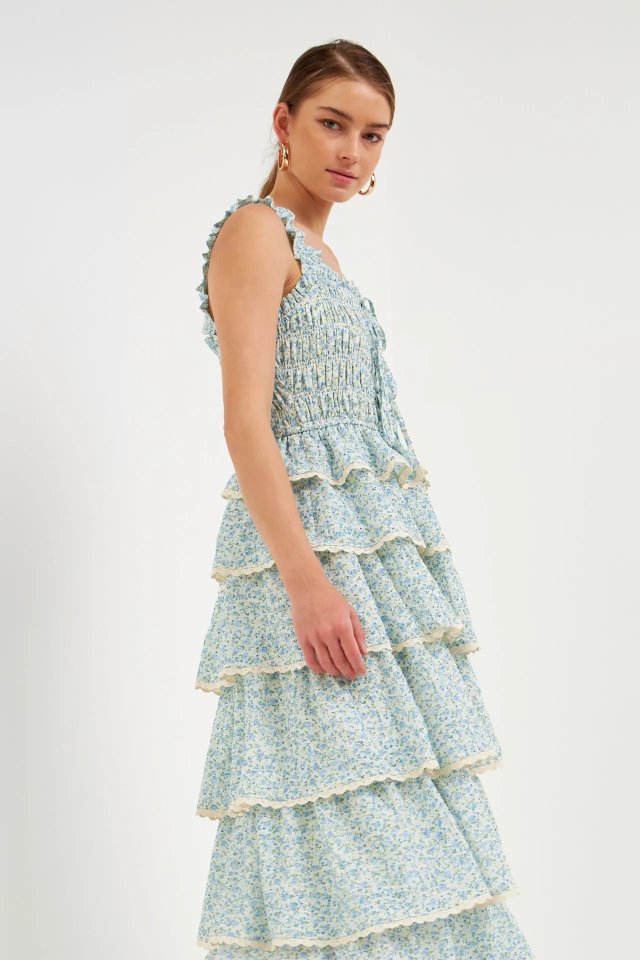 Endless Rose - Gridded Texture Floral Smocked Tiered Maxi Dress