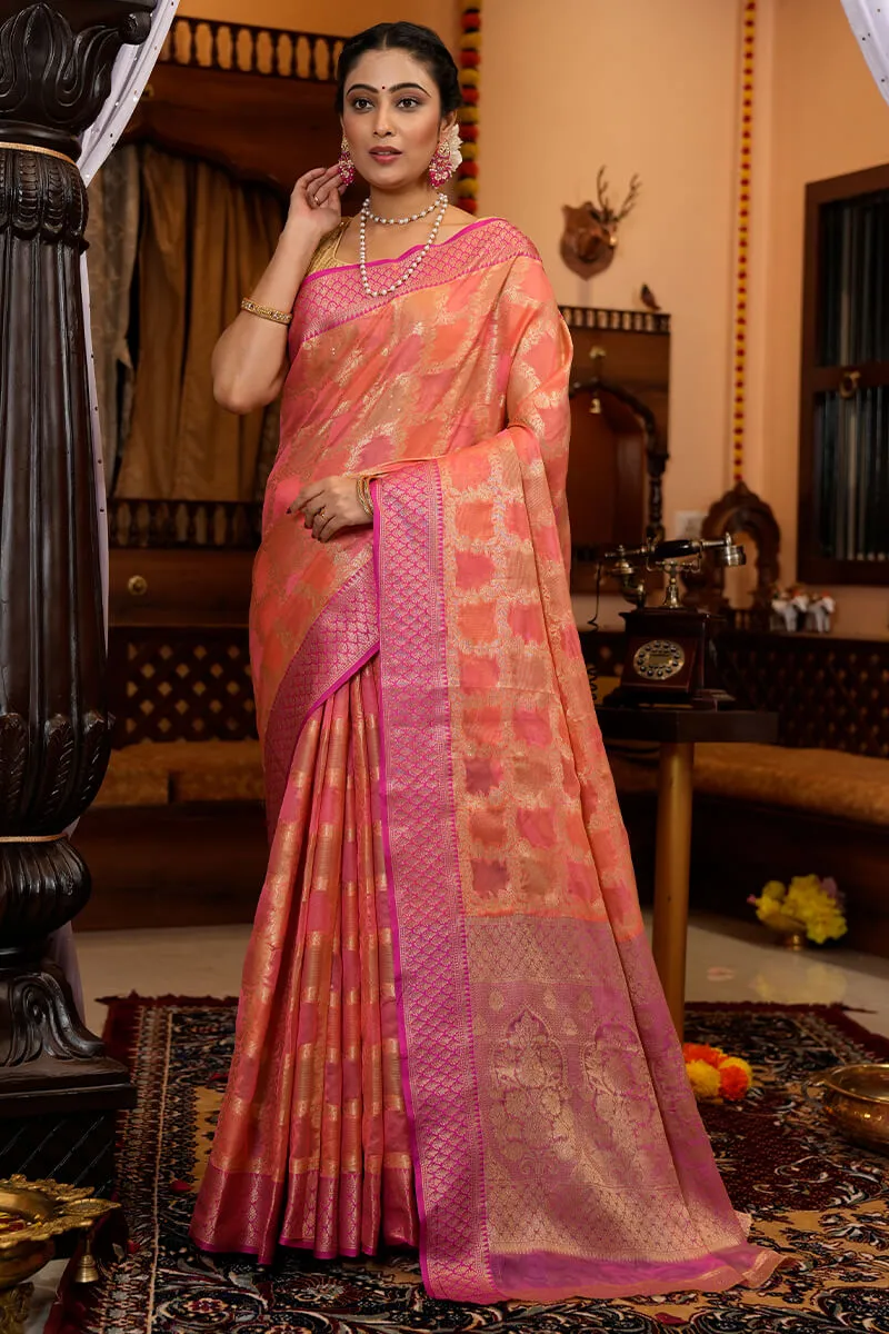 Exceptional Pink Organza Silk Saree With Prominent Blouse Piece