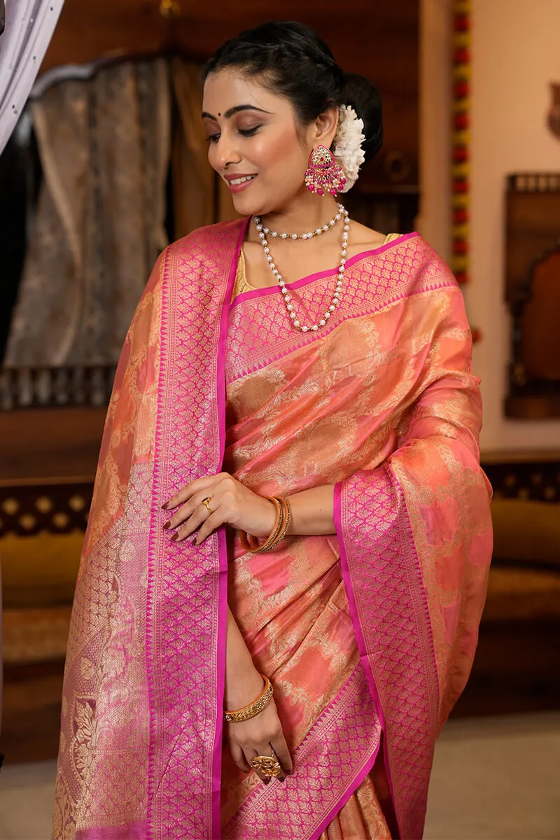 Exceptional Pink Organza Silk Saree With Prominent Blouse Piece