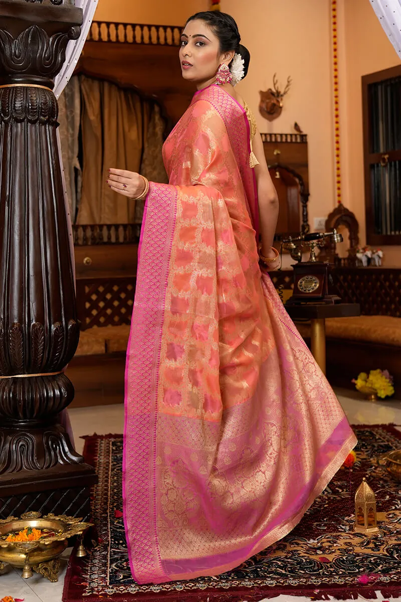 Exceptional Pink Organza Silk Saree With Prominent Blouse Piece