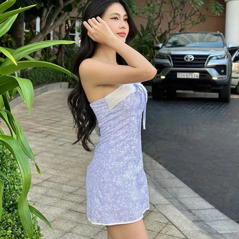 Fit Wrap Hip Lace Up Mini Strapless Flower Slim Dress