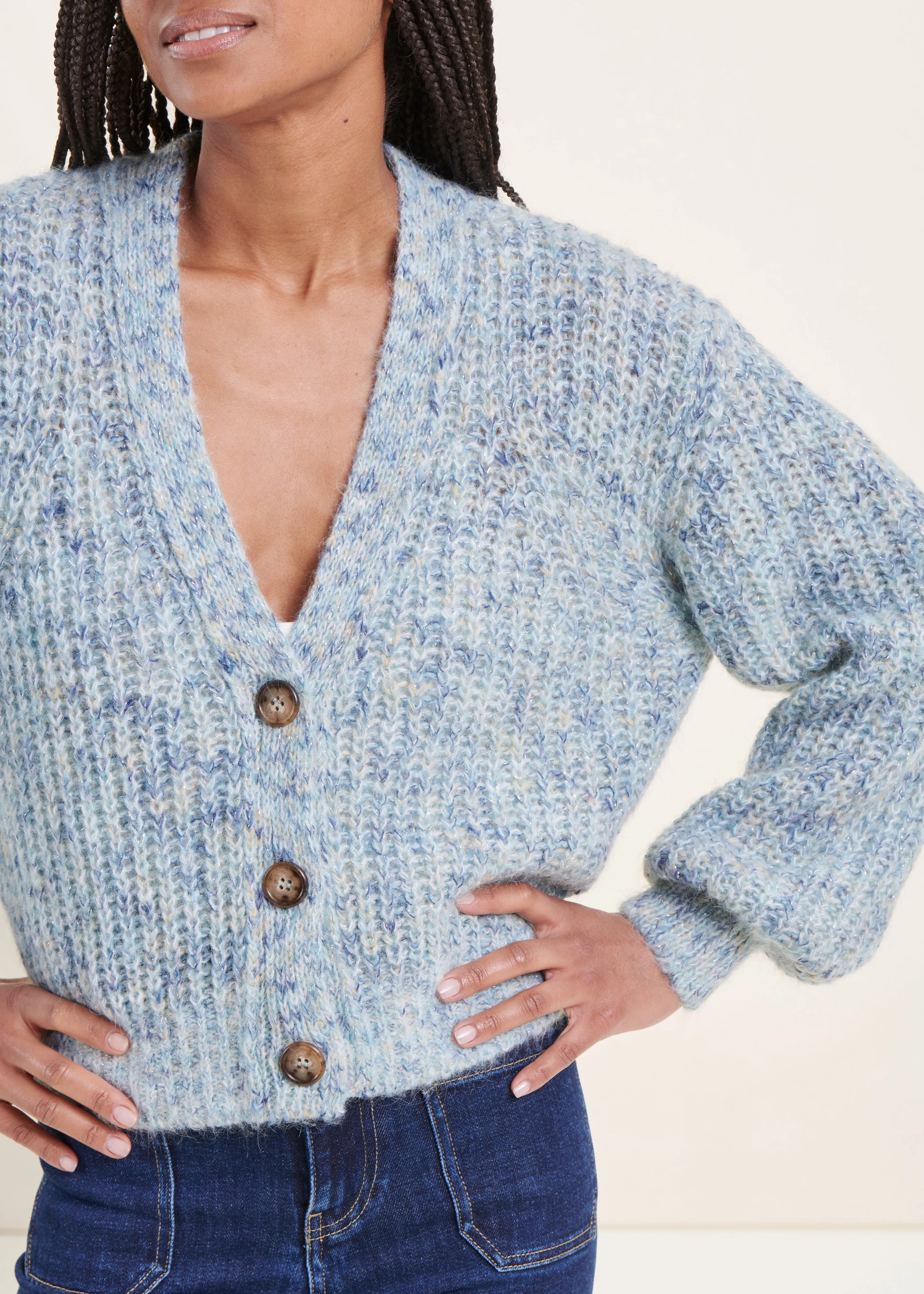 Gilet court bleu ciel grosse maille chinée