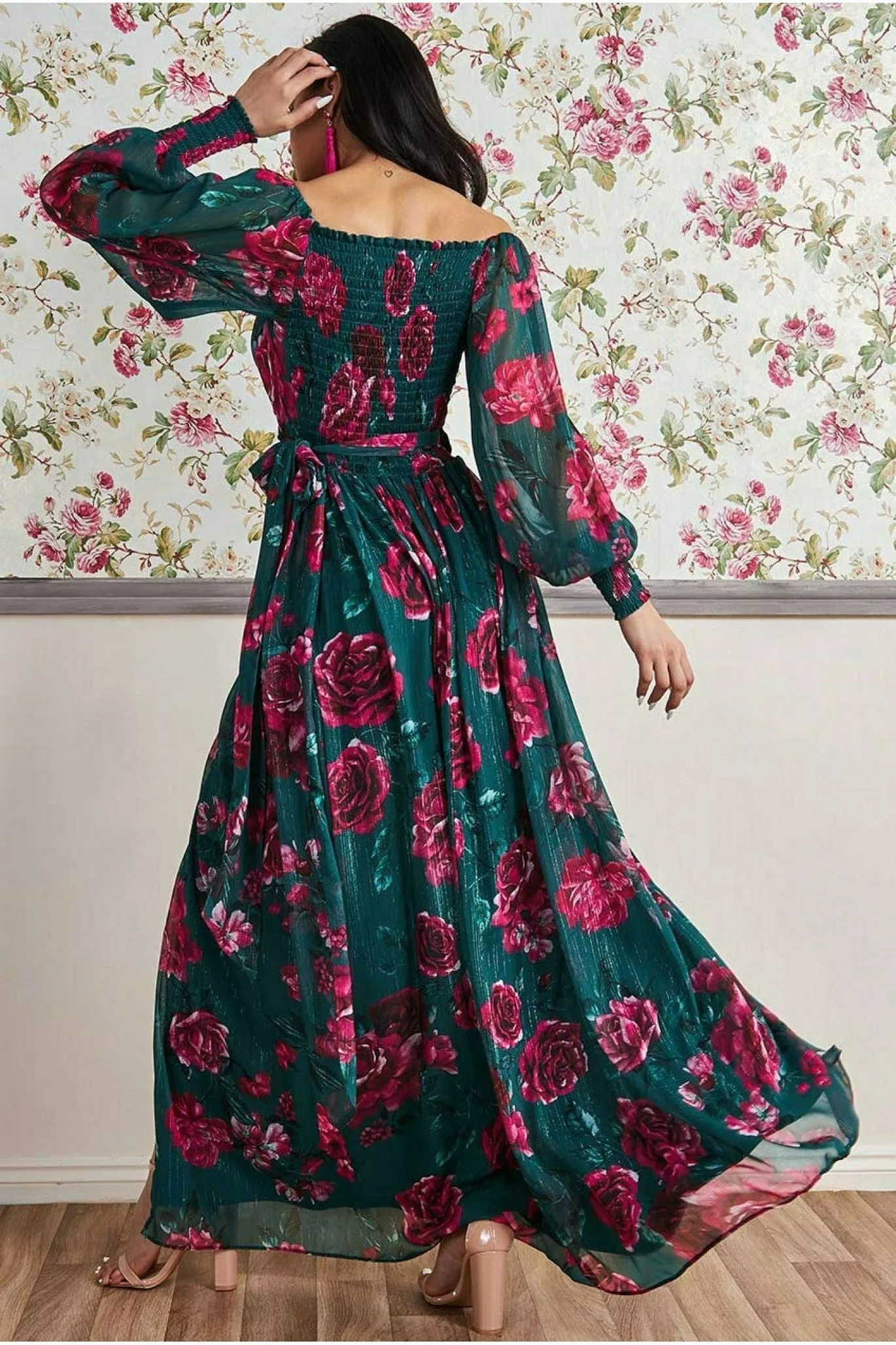 Goddiva Off The Shoulder Wrap Maxi Dress - Green Print
