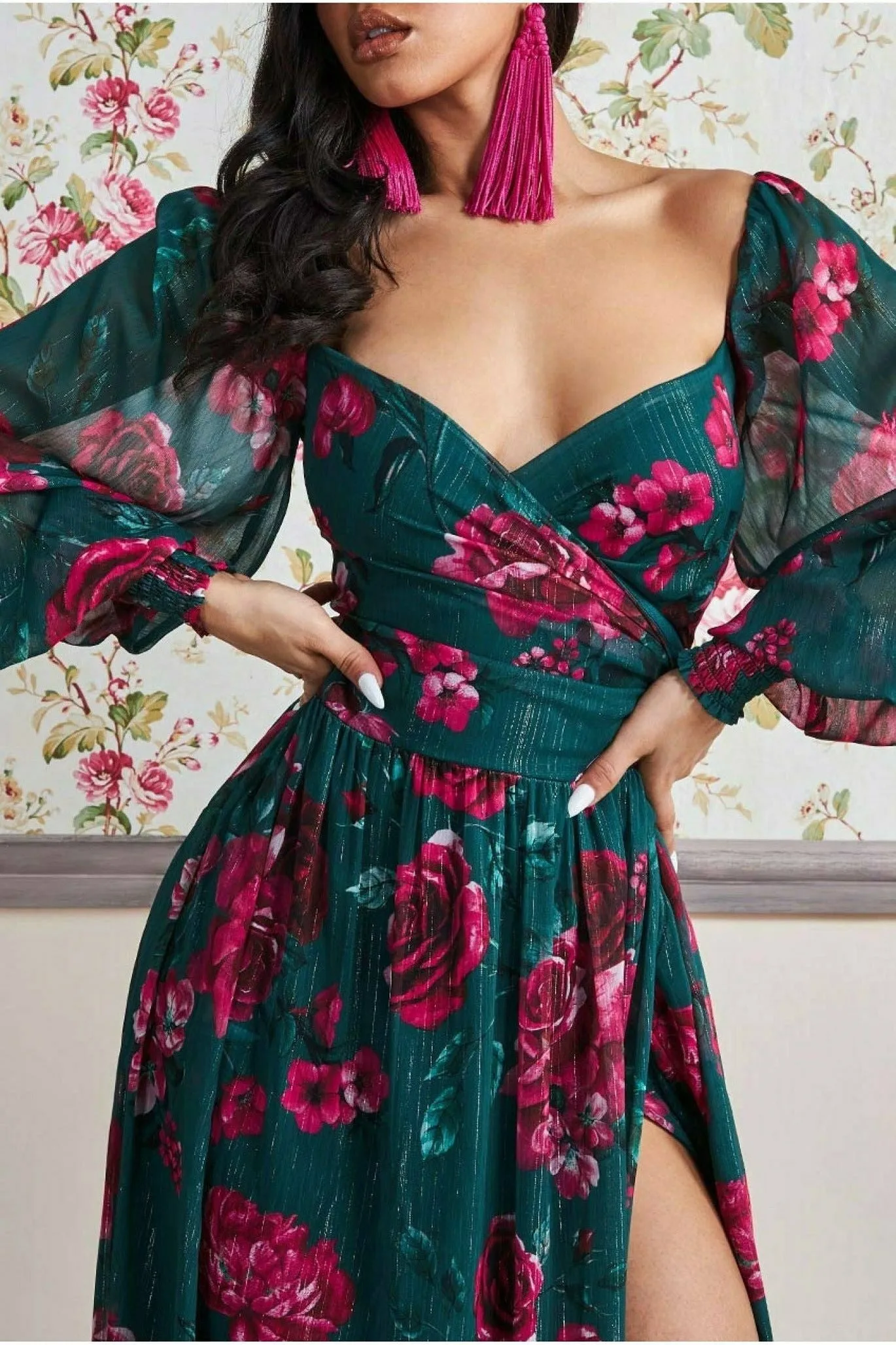 Goddiva Off The Shoulder Wrap Maxi Dress - Green Print