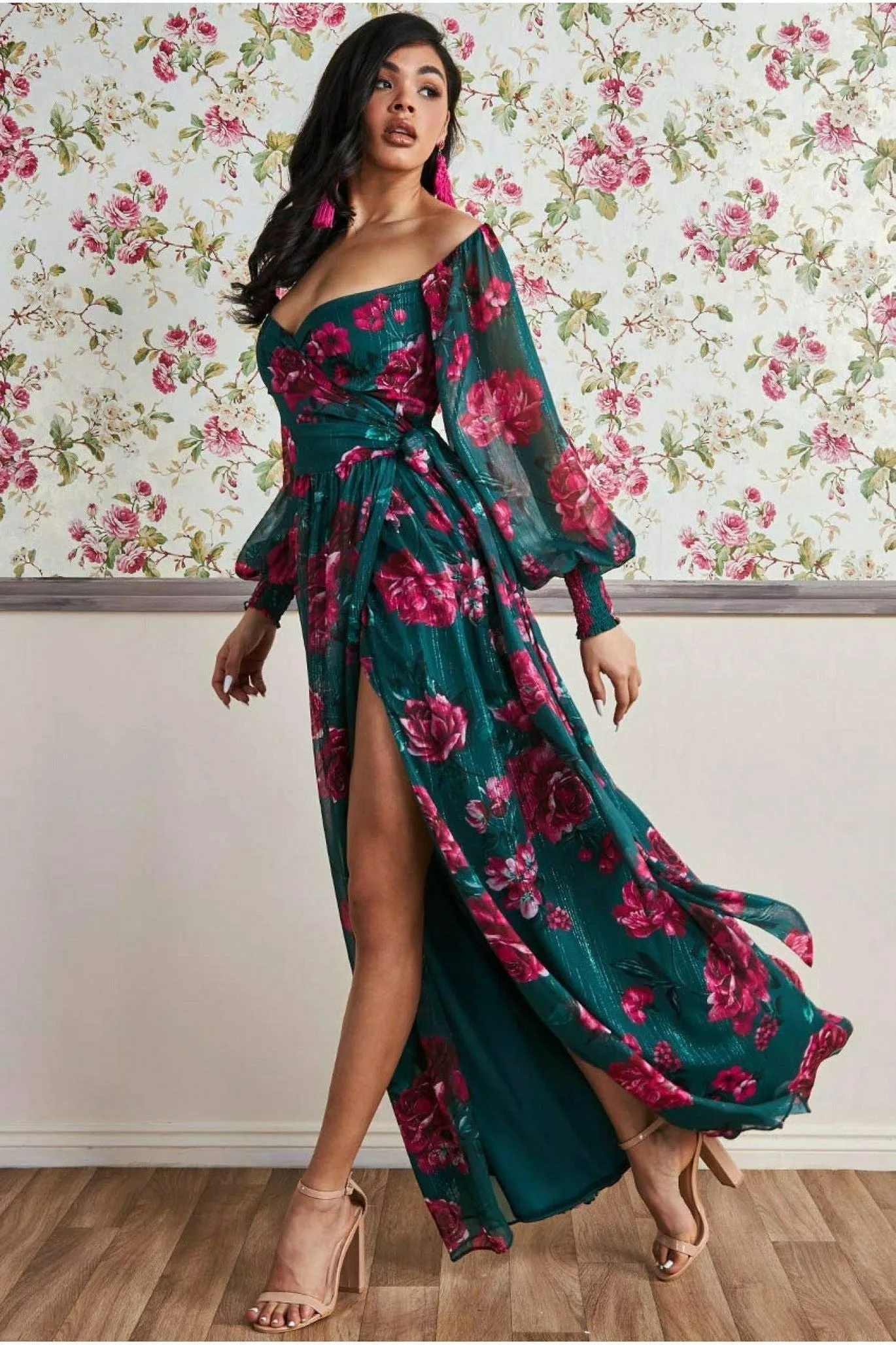 Goddiva Off The Shoulder Wrap Maxi Dress - Green Print