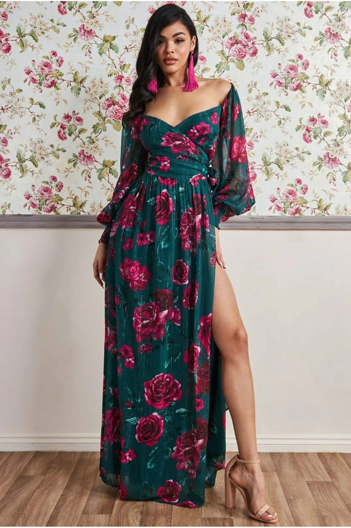 Goddiva Off The Shoulder Wrap Maxi Dress - Green Print