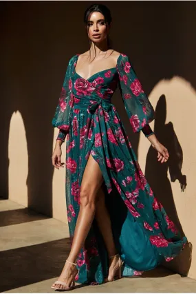 Goddiva Off The Shoulder Wrap Maxi Dress - Green Print