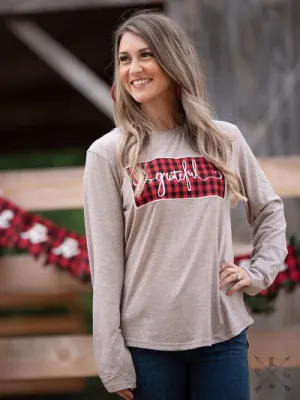 Grateful Plaid Patch on Heathered Beige Longsleeve Tee