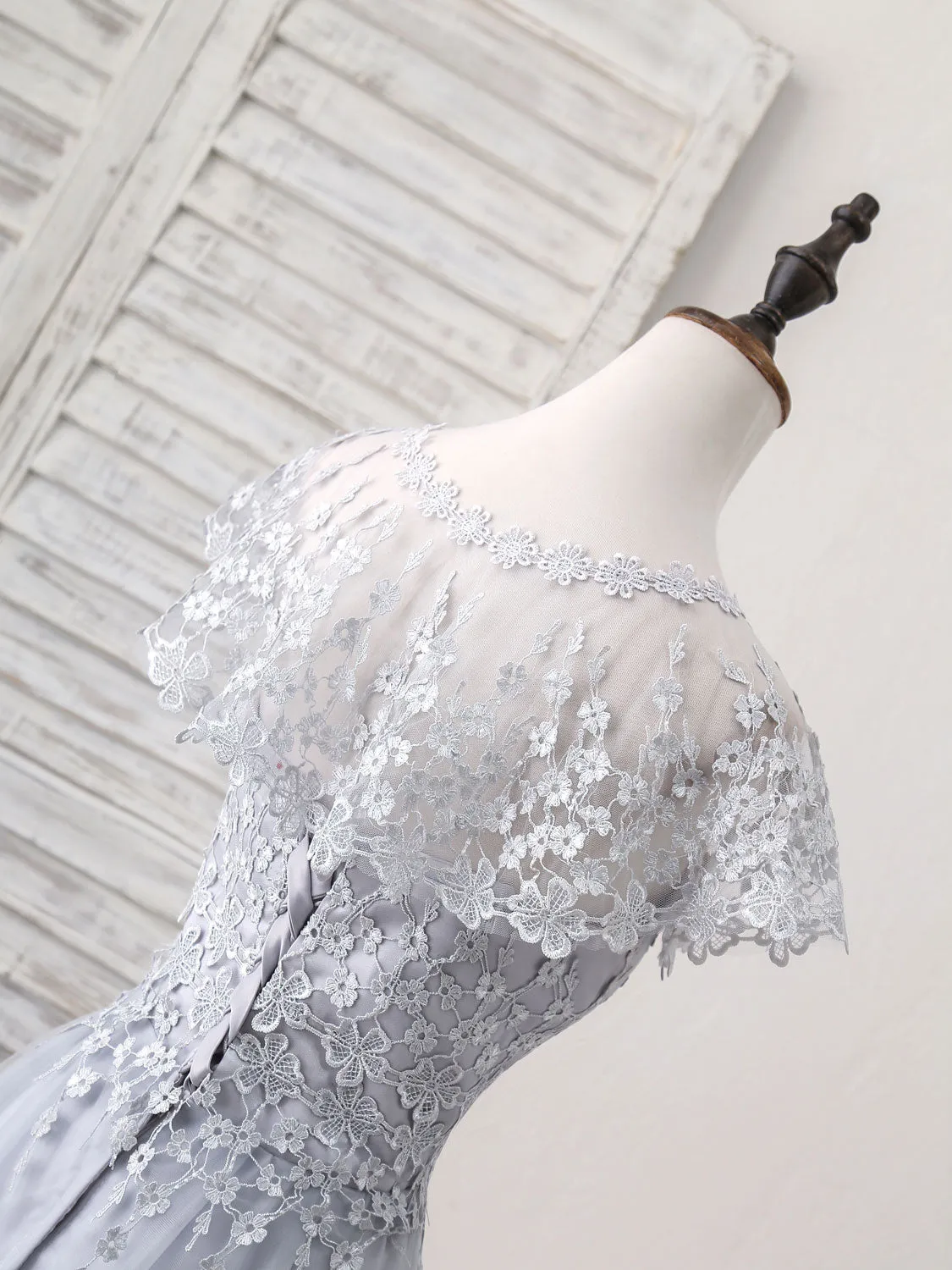 Gray Round Neck Lace Tulle Long Prom Dress Gray Evening Dress