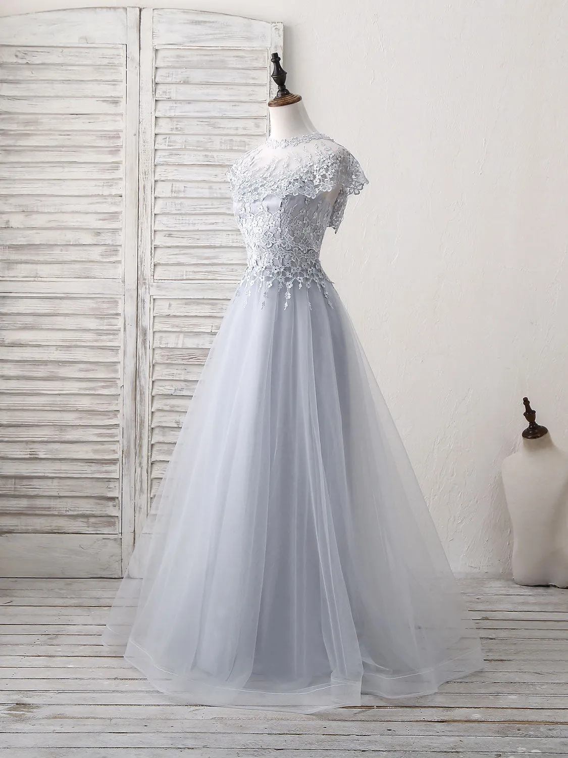 Gray Round Neck Lace Tulle Long Prom Dress Gray Evening Dress