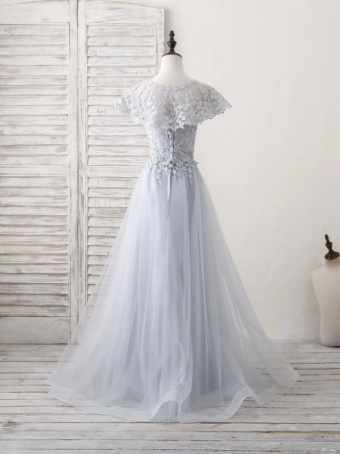 Gray Round Neck Lace Tulle Long Prom Dress Gray Evening Dress