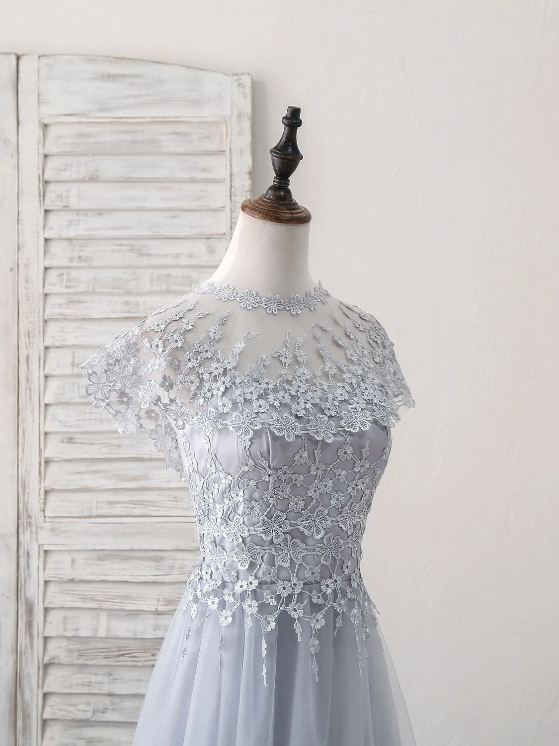 Gray Round Neck Lace Tulle Long Prom Dress Gray Evening Dress