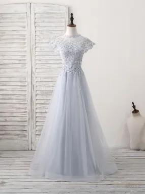 Gray Round Neck Lace Tulle Long Prom Dress Gray Evening Dress