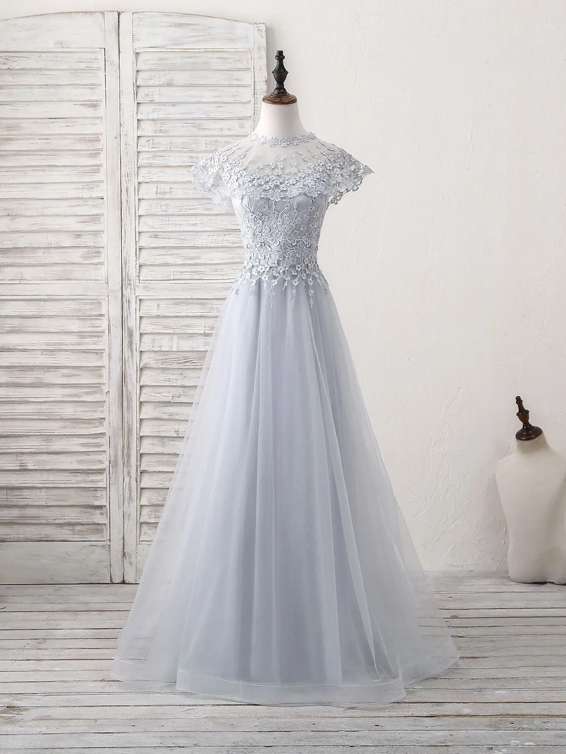 Gray Round Neck Lace Tulle Long Prom Dress Gray Evening Dress
