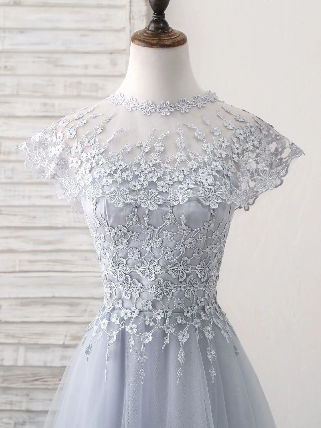 Gray Round Neck Lace Tulle Long Prom Dress Gray Evening Dress