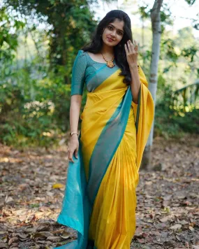 Inspiring Yellow Soft Silk Saree With Fairytale Blouse Piece