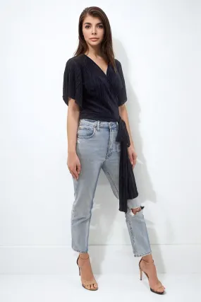 JASMINE NAVY PLISSE WRAP TOP WITH ANGEL SLEEVE