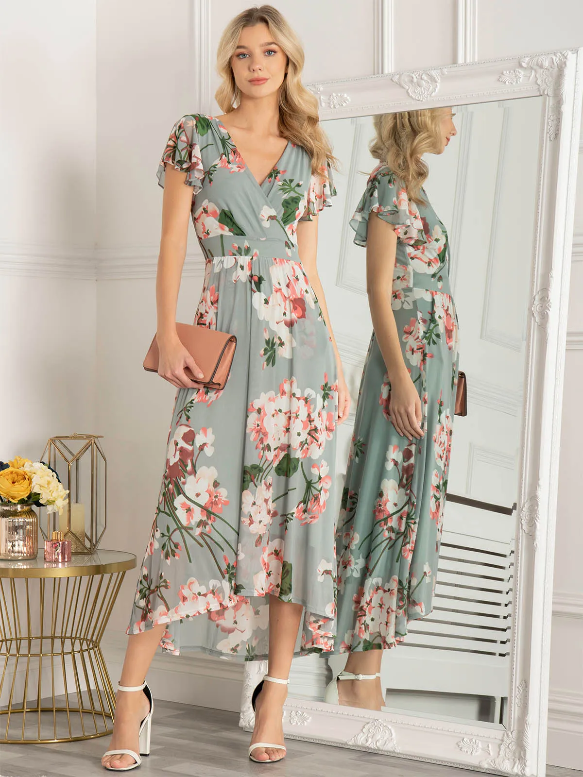 Jolie Moi Allura Mesh Maxi Dress, Dusty Green