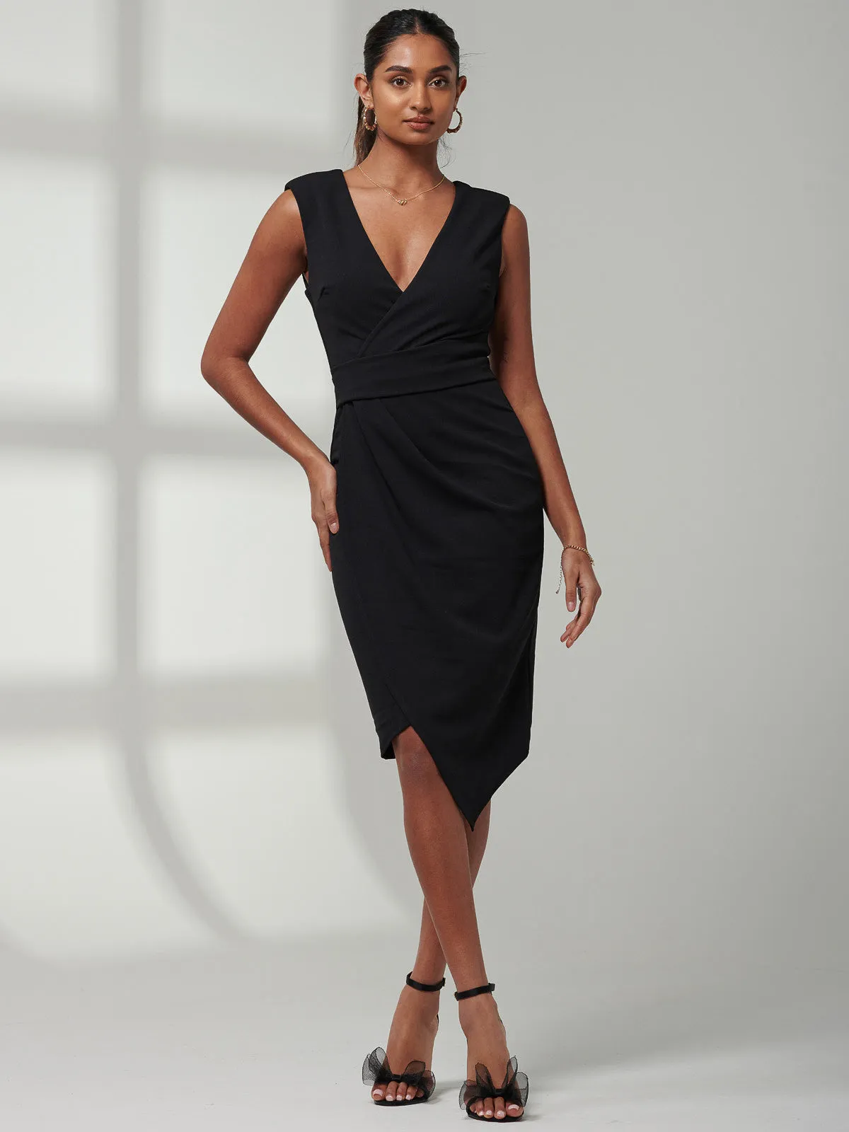 Kiana Wrap Ruched Bodycon Dress, Black