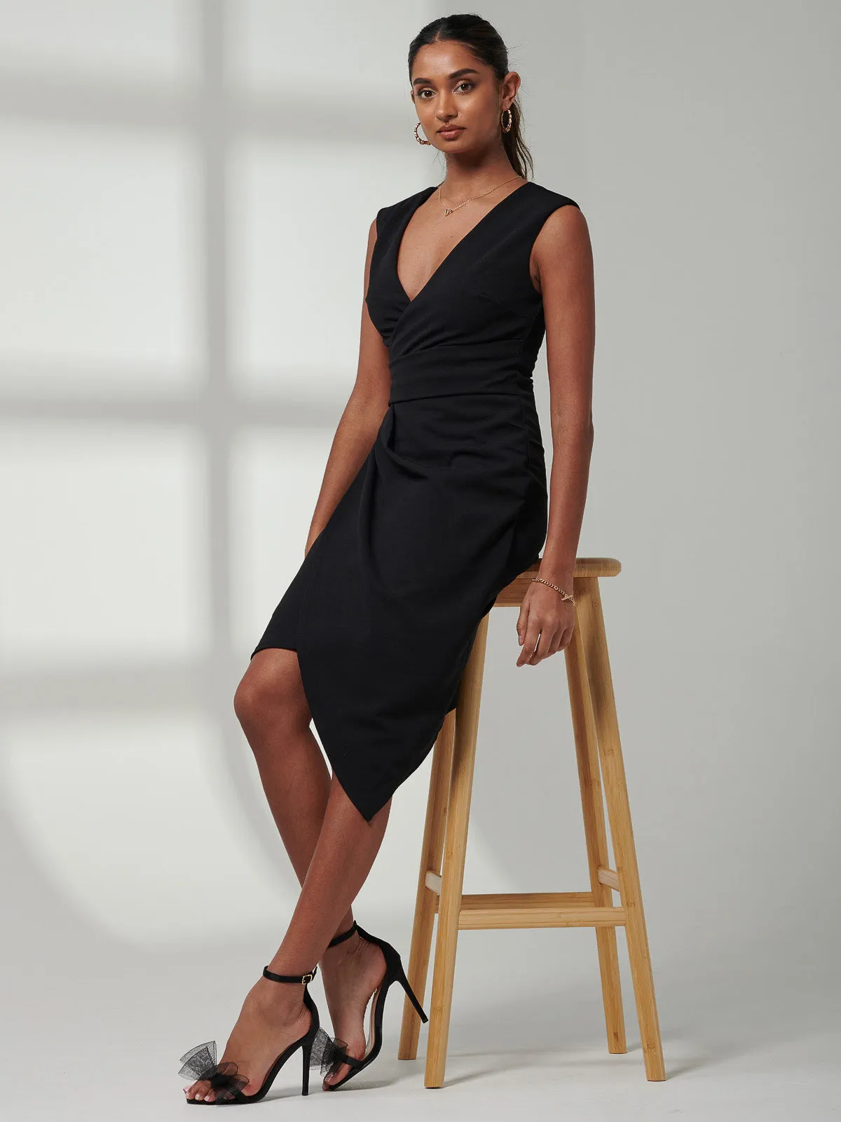 Kiana Wrap Ruched Bodycon Dress, Black