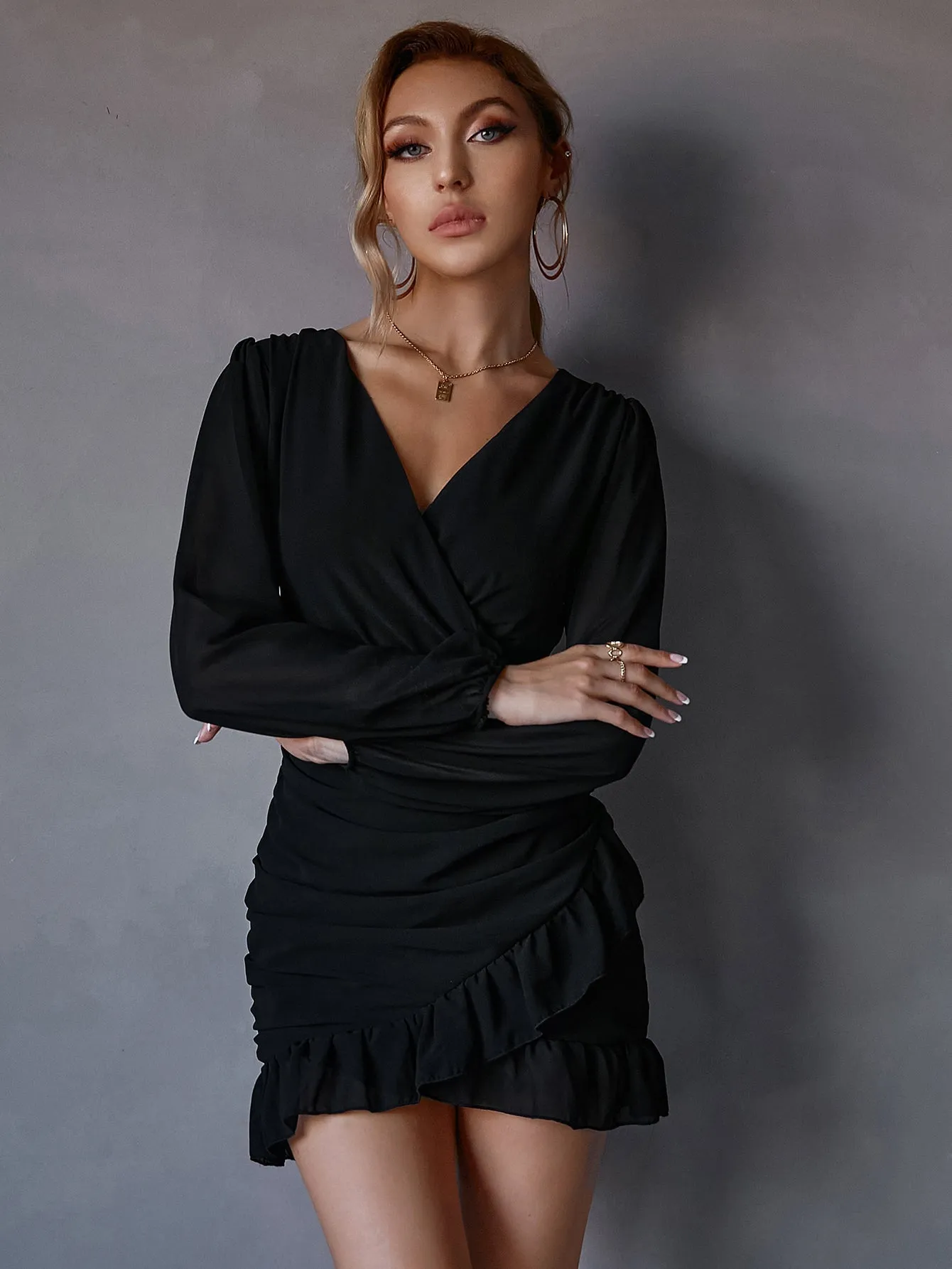 KittenAlarm - Surplice Neck Ruched Wrap Ruffle Hem Dress