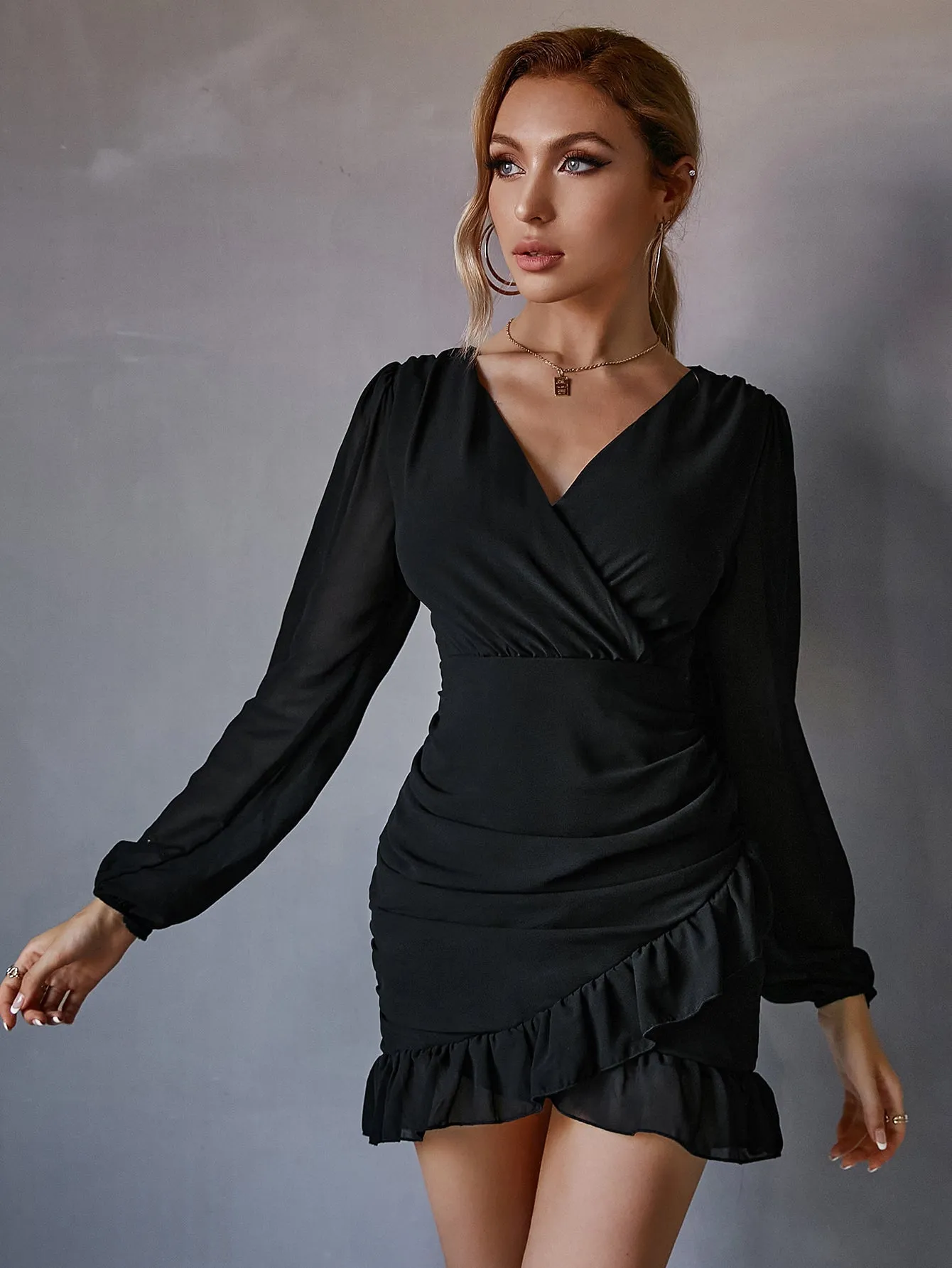 KittenAlarm - Surplice Neck Ruched Wrap Ruffle Hem Dress