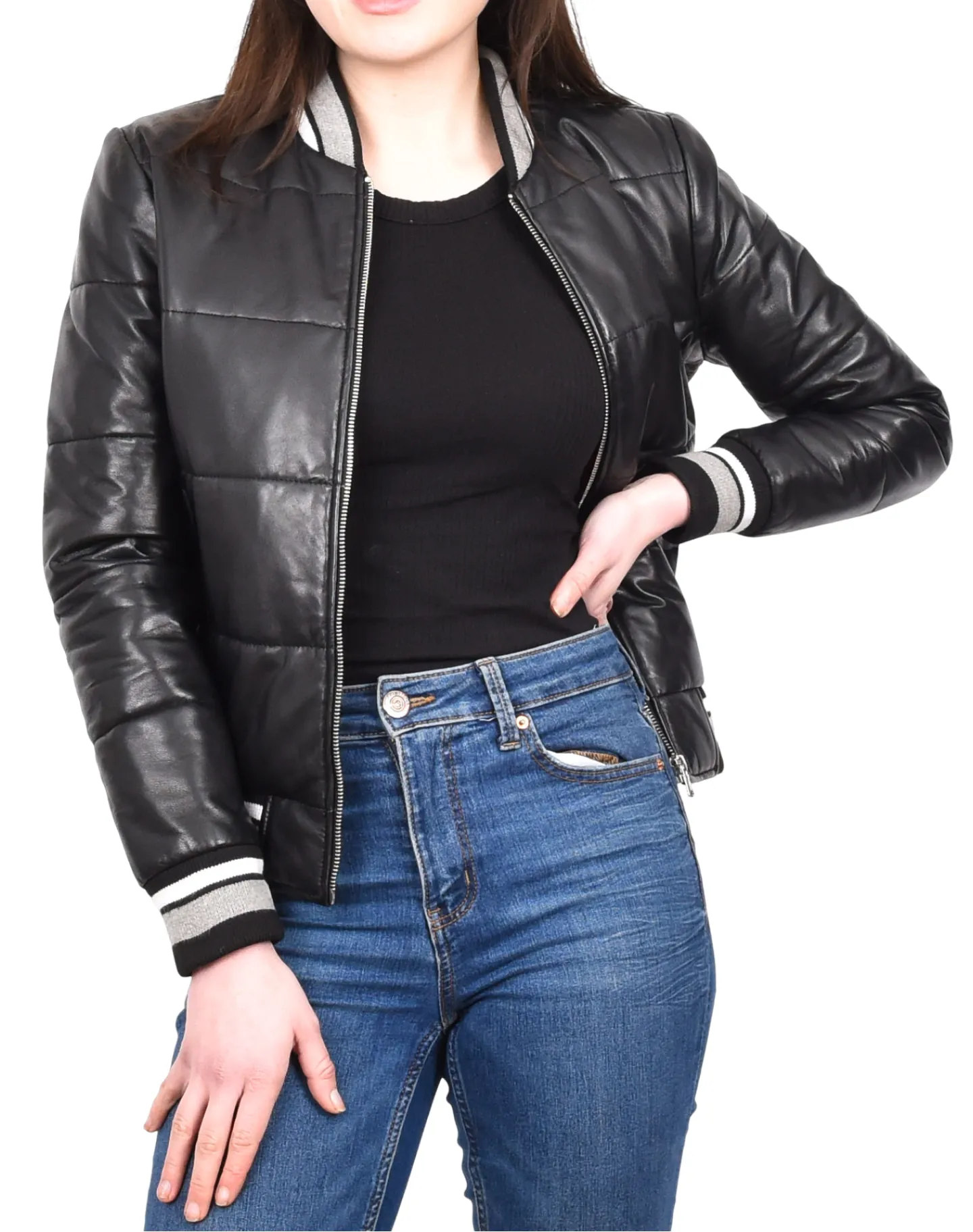 Ladies Genuine Leather Puffer Jacket Women's Bomber Style Black Pufforia