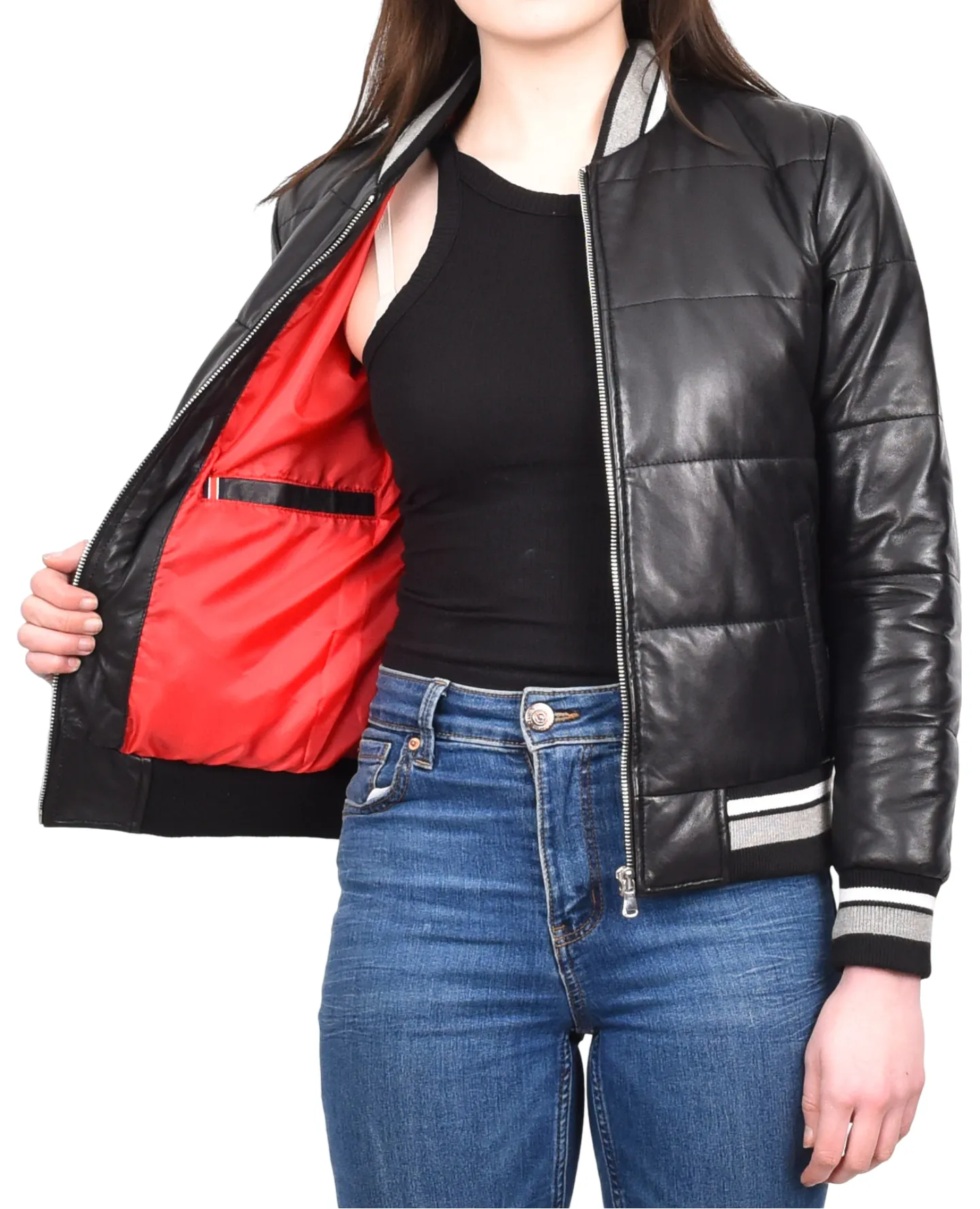 Ladies Genuine Leather Puffer Jacket Women's Bomber Style Black Pufforia