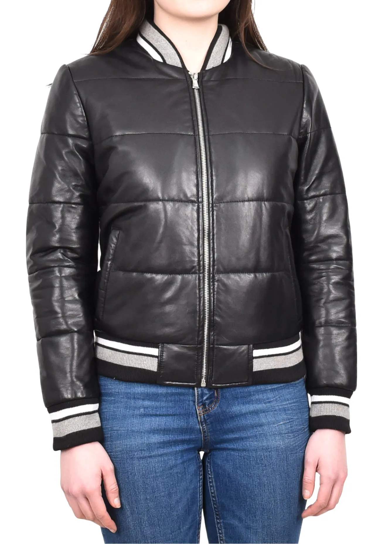 Ladies Genuine Leather Puffer Jacket Women's Bomber Style Black Pufforia