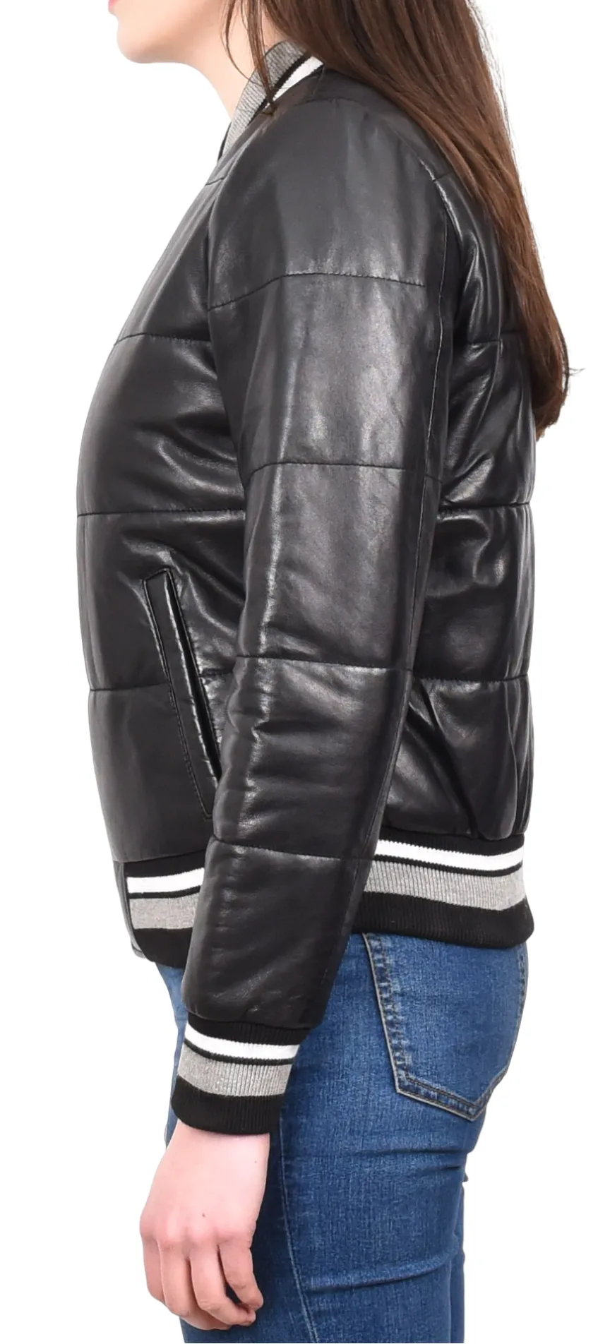 Ladies Genuine Leather Puffer Jacket Women's Bomber Style Black Pufforia