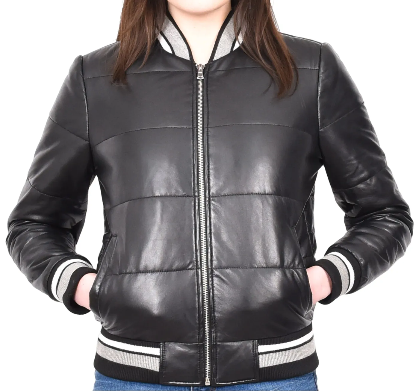 Ladies Genuine Leather Puffer Jacket Women's Bomber Style Black Pufforia