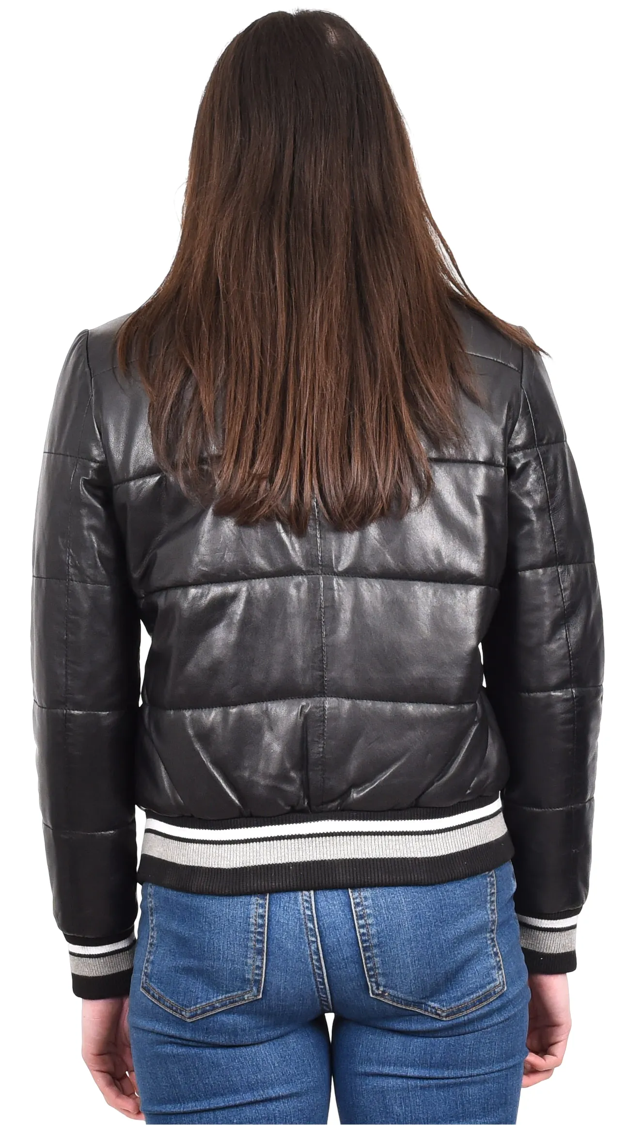 Ladies Genuine Leather Puffer Jacket Women's Bomber Style Black Pufforia