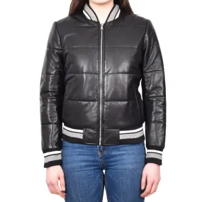 Ladies Genuine Leather Puffer Jacket Women's Bomber Style Black Pufforia