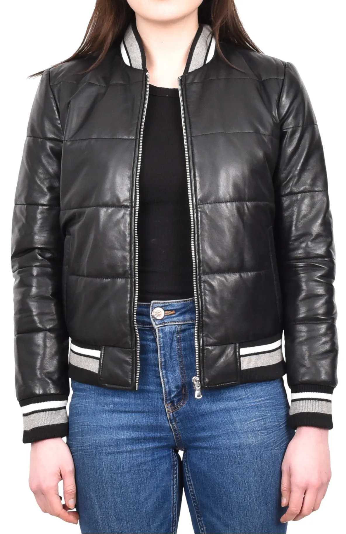 Ladies Genuine Leather Puffer Jacket Women's Bomber Style Black Pufforia
