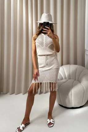 Leah beige crochet crop top and midi skirt co-ord