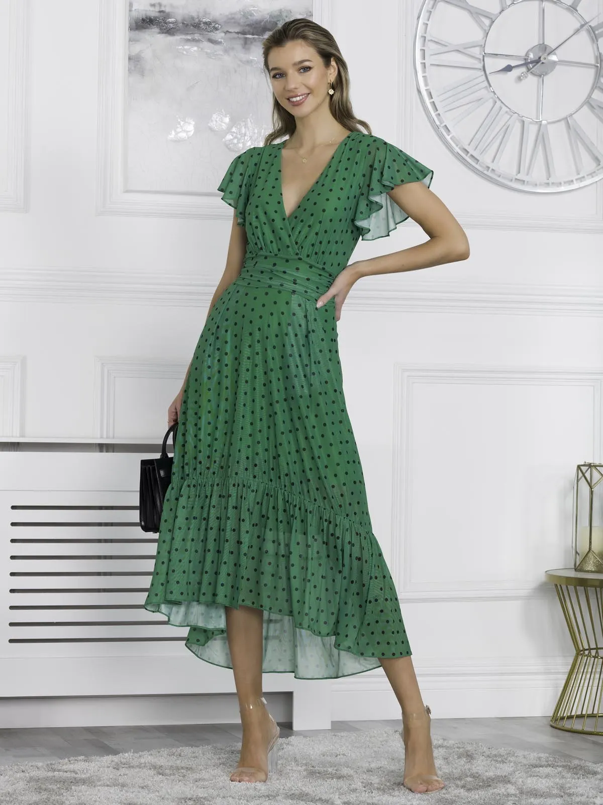 Leena Mesh Cap Sleeve Tiered Maxi Dress, Green Polka